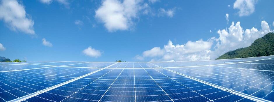 A broad solar panel array beneath a clear blue sky