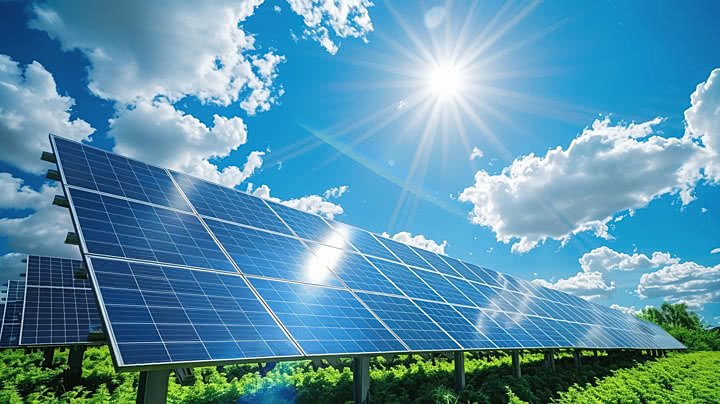 Solar panels generating clean energy beneath the sun